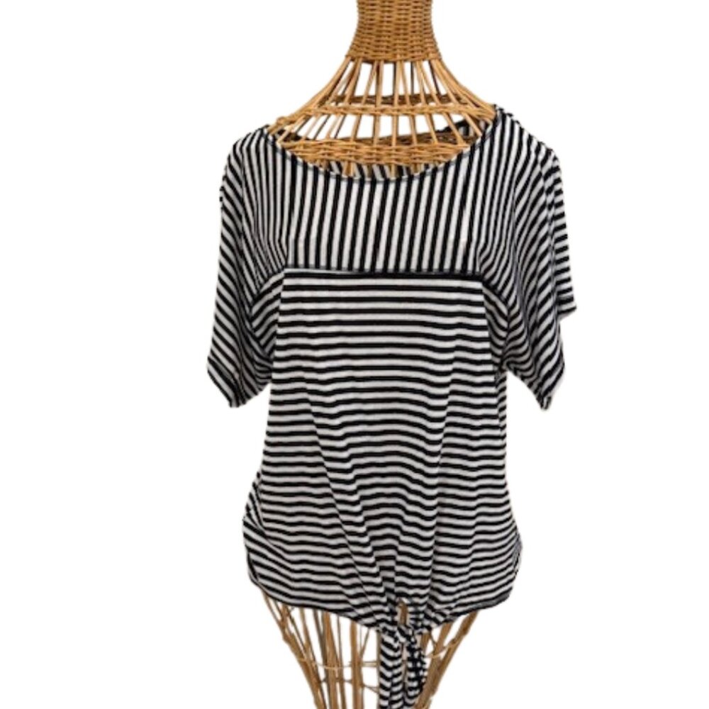 Methphor black and white stripe knit top with tie waist.